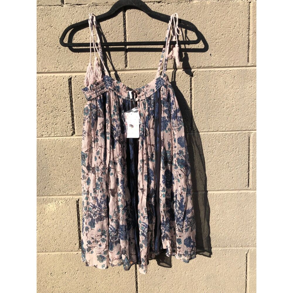 NWT Free People Secret Love Slip Tunic Mini Dress XS Dark Blue Boho Floral Skirt